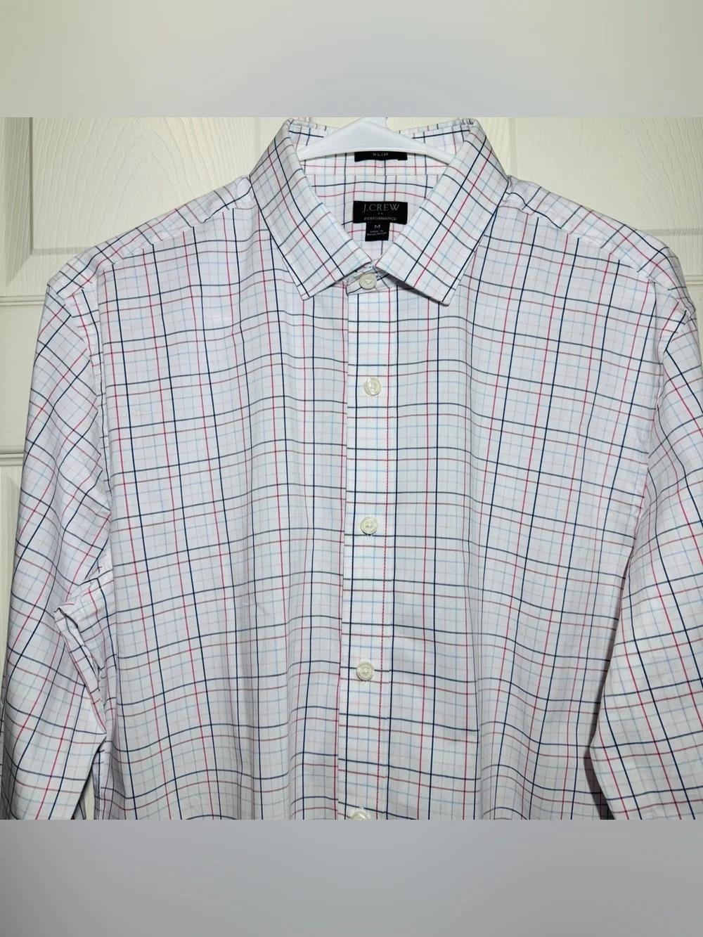 J. Crew Performance Slim Men’s White Shirt with Blue and Red Windowpane Check